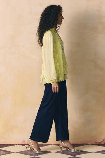 Zwaan_Yellow Silk V-neck Marisol Ruffled Hem Top _Online_at_Aza_Fashions