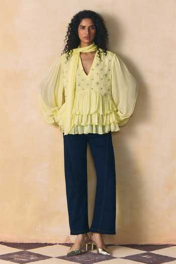 Buy_Zwaan_Yellow Silk V-neck Marisol Ruffled Hem Top _Online_at_Aza_Fashions