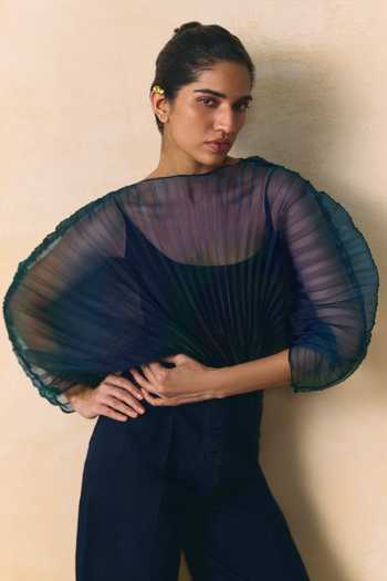 Zwaan_Blue Organza Boat Neck Skye Pleated Bodysuit _Online_at_Aza_Fashions