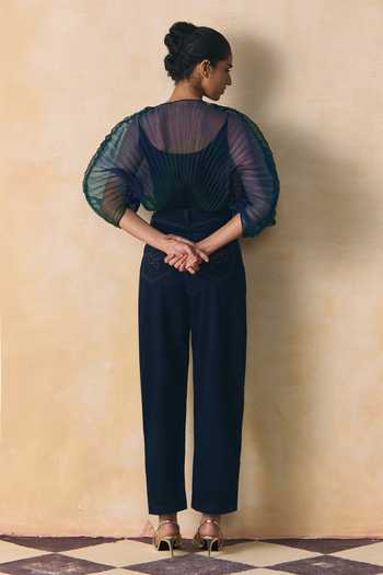 Shop_Zwaan_Blue Organza Boat Neck Skye Pleated Bodysuit _at_Aza_Fashions