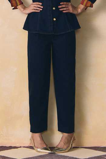 Zwaan_Blue Denim Mandarin Collar Jade Contrast Yoke Top With Pant _Online_at_Aza_Fashions