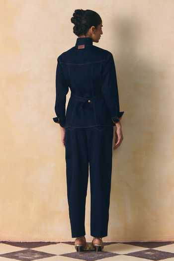 Shop_Zwaan_Blue Denim Mandarin Collar Jade Contrast Yoke Top With Pant _at_Aza_Fashions