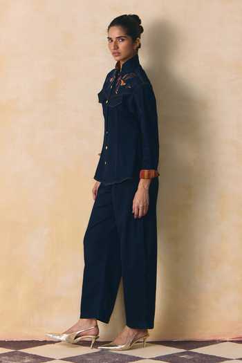Buy_Zwaan_Blue Denim Mandarin Collar Jade Contrast Yoke Top With Pant _Online_at_Aza_Fashions