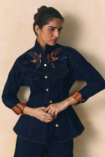 Zwaan_Blue Denim Mandarin Collar Jade Contrast Yoke Top With Pant _at_Aza_Fashions