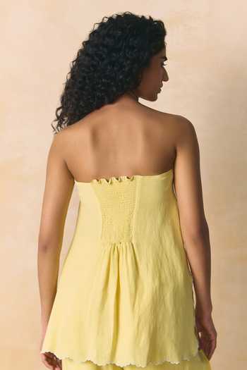 Zwaan_Yellow Viscose, Linen Bandeau Neck Raya Embridered Top With Pant _Online_at_Aza_Fashions
