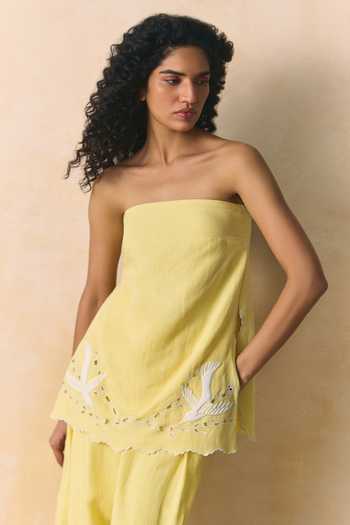 Buy_Zwaan_Yellow Viscose, Linen Bandeau Neck Raya Embridered Top With Pant _Online_at_Aza_Fashions