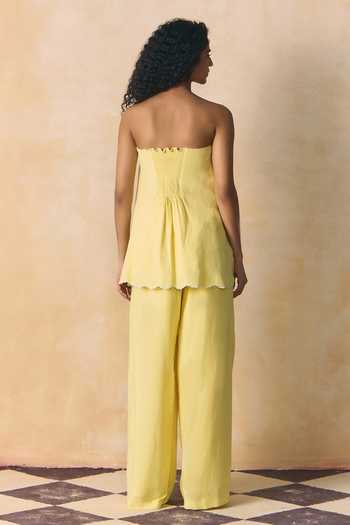 Shop_Zwaan_Yellow Viscose, Linen Bandeau Neck Raya Embridered Top With Pant _at_Aza_Fashions