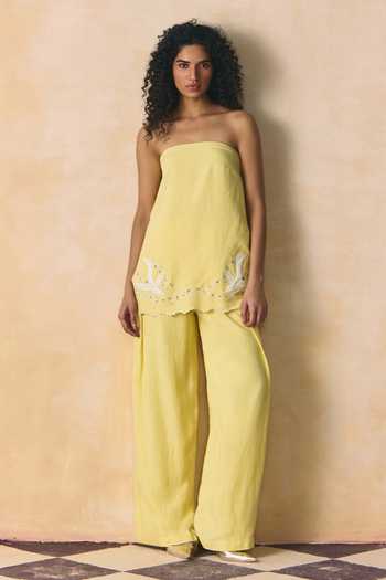 Buy_Zwaan_Yellow Viscose, Linen Bandeau Neck Raya Embridered Top With Pant _at_Aza_Fashions