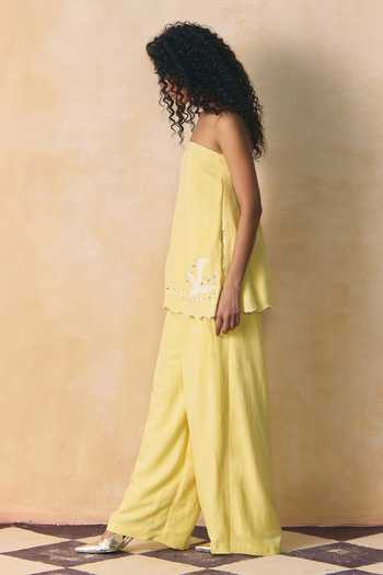 Shop_Zwaan_Yellow Viscose, Linen Bandeau Neck Raya Embridered Top With Pant _Online_at_Aza_Fashions