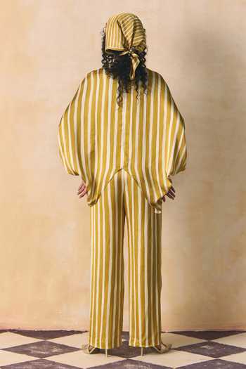 Shop_Zwaan_Yellow Linen, Satin Crew Neck Ember Striped Shirt And Pant Set _at_Aza_Fashions