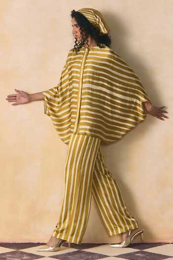 Zwaan_Yellow Linen, Satin Crew Neck Ember Striped Shirt And Pant Set _Online_at_Aza_Fashions