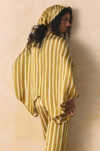 Buy_Zwaan_Yellow Linen, Satin Crew Neck Ember Striped Shirt And Pant Set _Online_at_Aza_Fashions