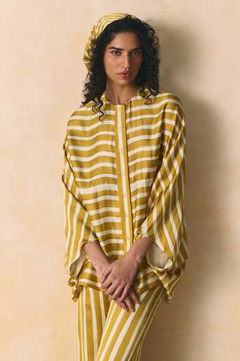 Shop_Zwaan_Yellow Linen, Satin Crew Neck Ember Striped Shirt And Pant Set _Online_at_Aza_Fashions