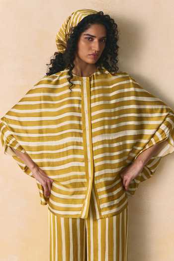 Zwaan_Yellow Linen, Satin Crew Neck Ember Striped Shirt And Pant Set _at_Aza_Fashions