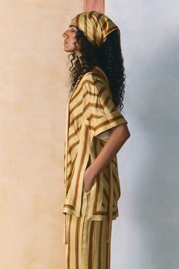 Zwaan_Beige Linen, Satin Round Neck Ochre Bias Stripe Top And Pant Set _Online_at_Aza_Fashions