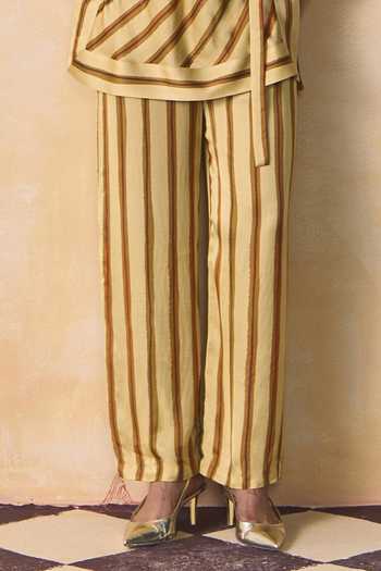 Buy_Zwaan_Beige Linen, Satin Round Neck Ochre Bias Stripe Top And Pant Set _Online_at_Aza_Fashions