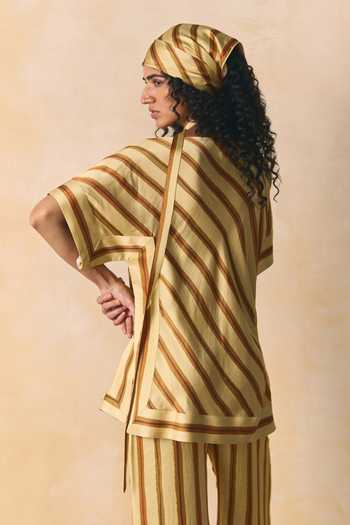 Shop_Zwaan_Beige Linen, Satin Round Neck Ochre Bias Stripe Top And Pant Set _Online_at_Aza_Fashions