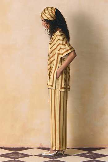Zwaan_Beige Linen, Satin Round Neck Ochre Bias Stripe Top And Pant Set _at_Aza_Fashions