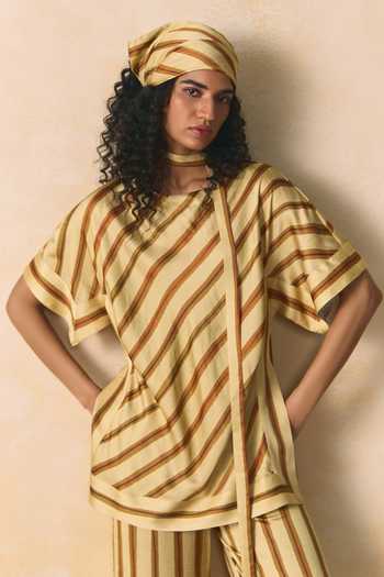 Buy_Zwaan_Beige Linen, Satin Round Neck Ochre Bias Stripe Top And Pant Set 