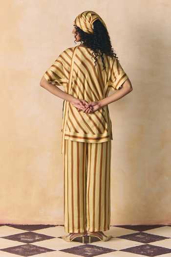 Shop_Zwaan_Beige Linen, Satin Round Neck Ochre Bias Stripe Top And Pant Set _at_Aza_Fashions