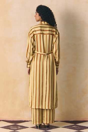 Shop_Zwaan_Beige Linen, Satin Collared, Yes Aurelia Striped Kurta _at_Aza_Fashions
