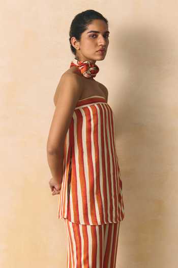 Zwaan_Ivory Satin, Linen Bandeau Neck Saffron Striped Top And Pant Set _Online_at_Aza_Fashions