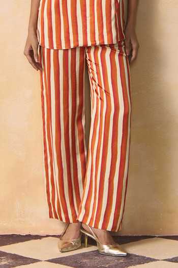 Buy_Zwaan_Ivory Satin, Linen Bandeau Neck Saffron Striped Top And Pant Set _Online_at_Aza_Fashions