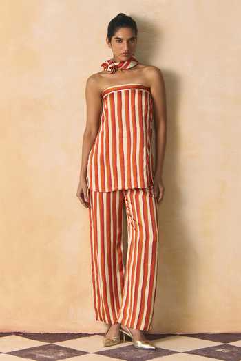 Buy_Zwaan_Ivory Satin, Linen Bandeau Neck Saffron Striped Top And Pant Set _at_Aza_Fashions