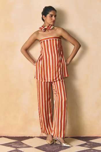 Shop_Zwaan_Ivory Satin, Linen Bandeau Neck Saffron Striped Top And Pant Set _Online_at_Aza_Fashions