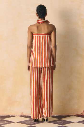 Shop_Zwaan_Ivory Satin, Linen Bandeau Neck Saffron Striped Top And Pant Set _at_Aza_Fashions