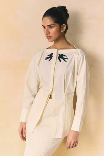 Zwaan_Ivory Cotton Boat Neck Fawn Embellished Shirt And Skirt Set _Online_at_Aza_Fashions