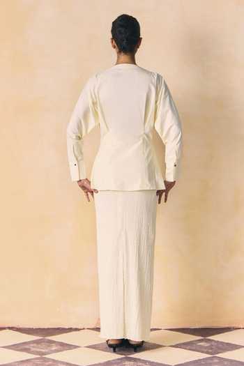 Shop_Zwaan_Ivory Cotton Boat Neck Fawn Embellished Shirt And Skirt Set _at_Aza_Fashions
