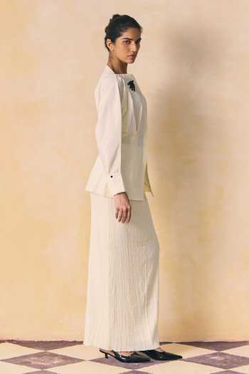 Shop_Zwaan_Ivory Cotton Boat Neck Fawn Embellished Shirt And Skirt Set _Online_at_Aza_Fashions