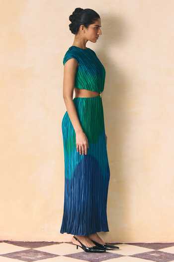 Buy_Zwaan_Blue Satin Round Neck Willow Ombre Dress _Online_at_Aza_Fashions
