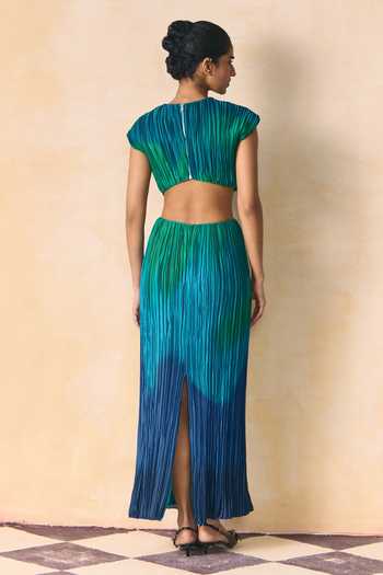Shop_Zwaan_Blue Satin Round Neck Willow Ombre Dress _at_Aza_Fashions