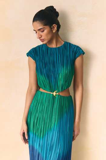 Shop_Zwaan_Blue Satin Round Neck Willow Ombre Dress _Online_at_Aza_Fashions