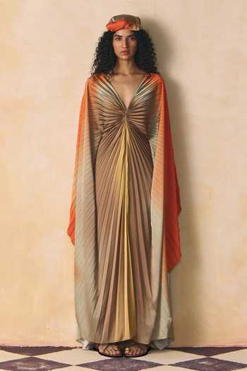 Zwaan_Orange Satin V-neck Ziya Ombre Kaftan _Online_at_Aza_Fashions