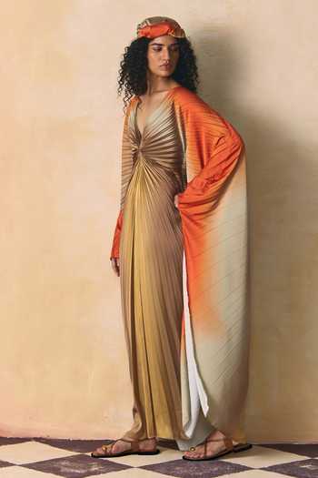 Buy_Zwaan_Orange Satin V-neck Ziya Ombre Kaftan _Online_at_Aza_Fashions
