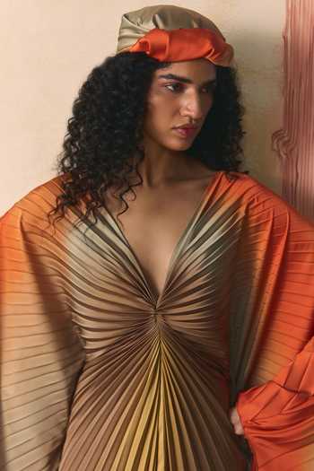Shop_Zwaan_Orange Satin V-neck Ziya Ombre Kaftan _Online_at_Aza_Fashions