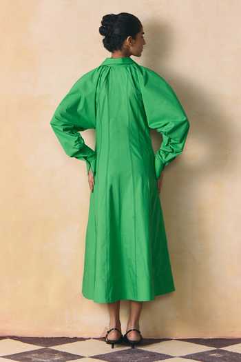Shop_Zwaan_Green Cotton, Poplin Collared Kelly Panelled Dress _at_Aza_Fashions