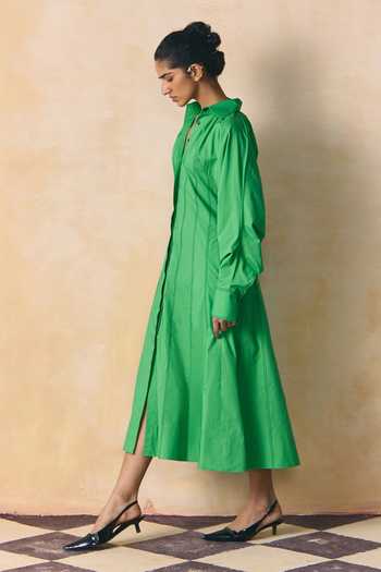 Zwaan_Green Cotton, Poplin Collared Kelly Panelled Dress _Online_at_Aza_Fashions