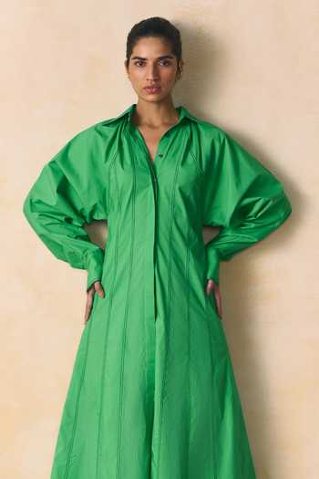 Buy_Zwaan_Green Cotton, Poplin Collared Kelly Panelled Dress _Online_at_Aza_Fashions