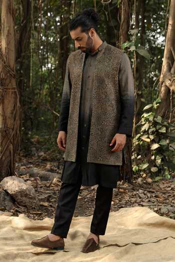 Surabhi Agarwal_Olive Green Silk, Cotton Satin Embroidered Nehru Jacket Kurta Set _Online_at_Aza_Fashions