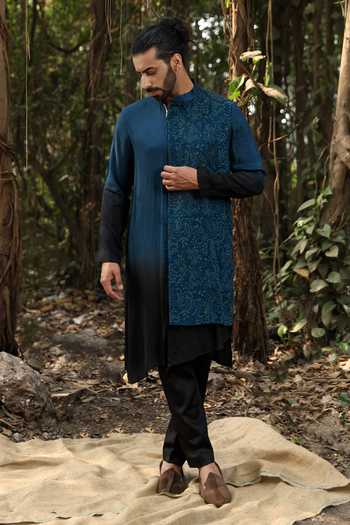 Buy_Surabhi Agarwal_Blue Silk, Cotton, Satin Embroidered Kurta And Pyjama Set _at_Aza_Fashions
