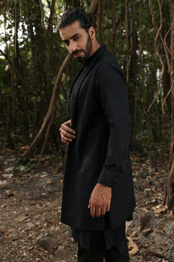 Buy_Surabhi Agarwal_Black Silk, Cotton Satin Self Embroidered Nehru Jacket Kurta Set _Online_at_Aza_Fashions