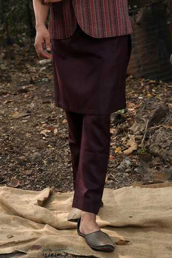 Surabhi Agarwal_Wine Cotton, Linen Stripe Pattern Nehru Jacket Kurta Set _Online_at_Aza_Fashions