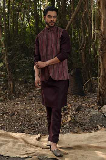Buy_Surabhi Agarwal_Wine Cotton, Linen Stripe Pattern Nehru Jacket Kurta Set _at_Aza_Fashions