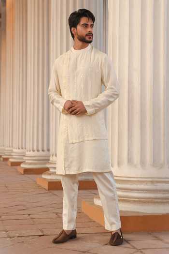 Shop_Surabhi Agarwal_Off White Silk, Cotton, Satin Layered Embroidered Kurta And Pyjama Set _at_Aza_Fashions