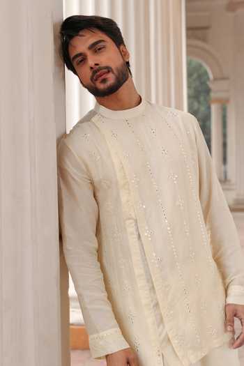 Buy_Surabhi Agarwal_Off White Silk, Cotton, Satin Layered Embroidered Kurta And Pyjama Set _Online_at_Aza_Fashions