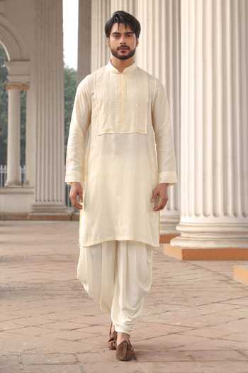 Buy_Surabhi Agarwal_Off White Silk, Rayon Embroidered Mirror Yoke Kurta And Salwar Set _at_Aza_Fashions